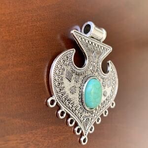 Antique Style Silver Pendant with Turquoise Center Stone Tibetan Leafy Boho